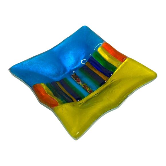 Fused Glass Rainbow Design Colorful Square Trinket Dish Ring Holder Vanity Decor - Picture 6 of 10